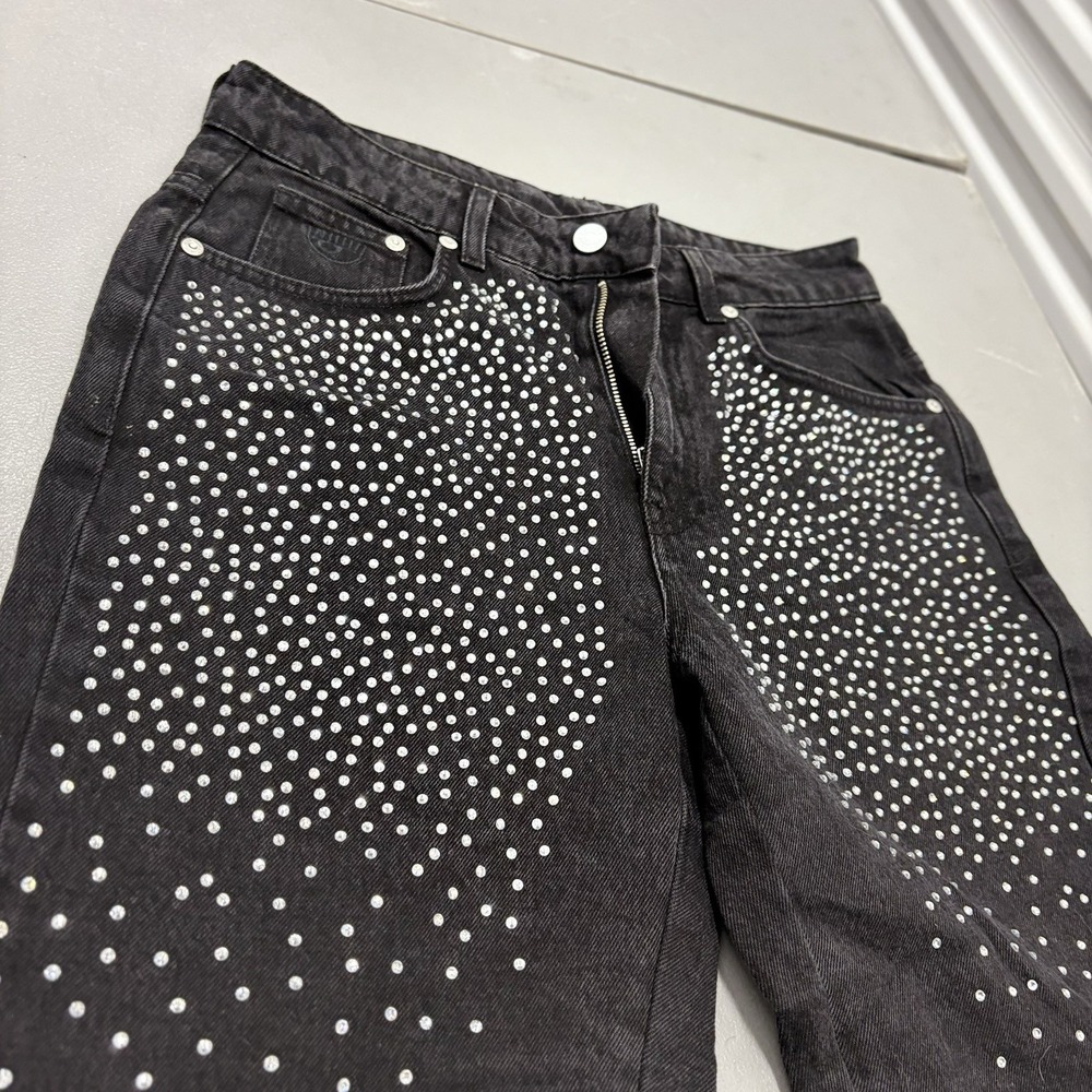 Chiara Ferragni Black Denim Bermuda Jorts Rhinestone Studded Eye Logo Sz 30